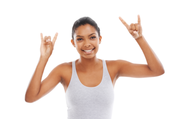 Rock, portrait and woman with fitness, hand gesture and model isolated on a transparent background. Face, female person and athlete with health, heavy metal and rebel with exercise, wellness and png