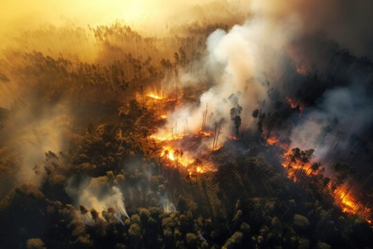 Extreme forest fire. generated image. The effects of global climate change. Extreme weather causing forest fires. . High quality AI