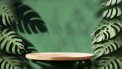 wooden round podium shelf tropical forest for product presentation monstera leaves and dark green forest tree background 