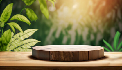 wooden round podium shelf tropical forest for product presentation monstera leaves and dark green forest tree background 
