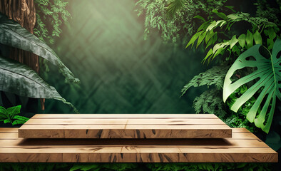 wooden shelf tropical forest for product presentation monstera leaves and dark green forest tree background 