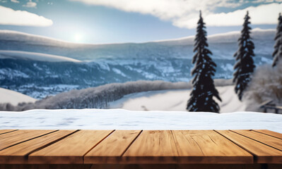 Empty wooden table with blurred snow winter landscape background