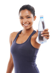 Woman show water bottle, portrait and fitness with health, smile and hydration isolated on transparent png background. Exercise, mineral and h2o liquid with female athlete present healthy drink