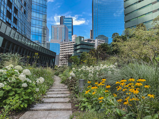 Urban landscape gardening central park city downtown Tokyo with flowers on bloom, trees and floral...