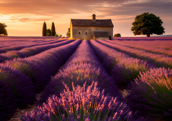 Basket with lavender flowers in lavender field, 