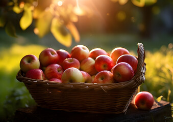 A basket of apples against the backdrop of a sunny apple garden