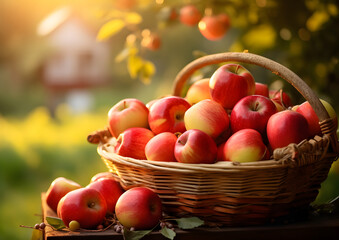 A basket of apples against the backdrop of a sunny apple garden
