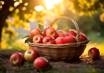 A basket of apples against the backdrop of a sunny apple garden
