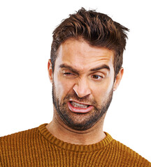 Smirk, face and man with disgust, funny or reaction on isolated, transparent and png background....