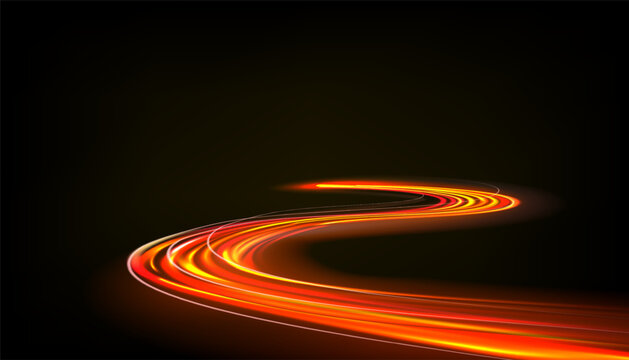 Road light. Curve streak trail line. Fast speed car. Long yellow and red way effect. Glowing street exposure. Blurred motion. Sparkling flow. Vector abstract dynamic dark background