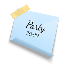 Sticky notes. Realistic reminder on adhesive tapes. Party time. Blue sheet with folded edge. Appointment schedule planning. Notepaper page attached at noticeboard. Vector paper sticker