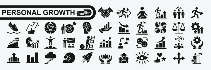 Personal growth  icons in black. Big UI icons collection in a flat design. Thin outline signs pack. Big set of icons for design