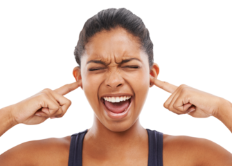 Cover ears, shout and frustrated face of a woman with stress, depression or mental health problem. Headshot of angry african person blocking sound or noise isolated on a transparent png background
