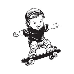 set happy cute baby skateboarding illustration design, black and white detailed vector illustration isolated without backdrop, flat style