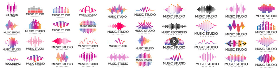 Sound wave icons set. Music waves symbols. Audio logos template. Voice equalizer emblems idea.