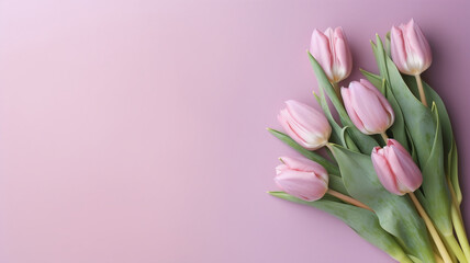Obraz premium Beautiful composition spring flowers. Bouquet of pink tulips flowers on pastel pink background. Valentine's Day, Easter, Birthday, Happy Women's Day, Mother's Day. Flat lay, top view | Generative A
