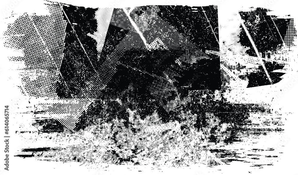 Poster Glitch distorted grunge layer  . Noise destroyed texture . Trendy defect error shapes . Overlay grunge texture . Distressed effect .Vector shapes with a halftone dots screen print texture.