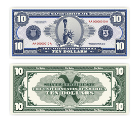 Vector blue banknote obverse and green reverse silver certificate of 10 US dollars. Oval, liberty and guilloche frame. American paper fictional money.