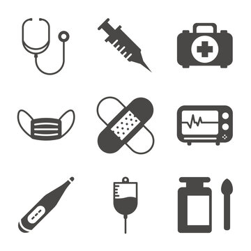 Set of Healthcare Tools Glyph Solid Icon. Stethoscope, Injection, Medical Mask, Infusion, Thermometer and More. Editable Stroke. Vector Eps 10