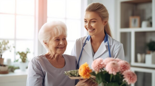 Geriatric care. Nurse during the home visit to elder patient