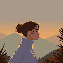 Vector illustration in a flat style. A young woman tourist in a comfortable sports jacket in the mountains, inhales the fresh air. Hiking concept, summer active vacation, hiking romance.
