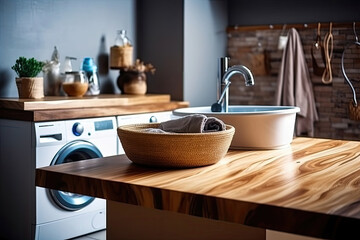 Fototapeta na wymiar Laundry room interior with modern washing machine and stylish vessel sink on wooden