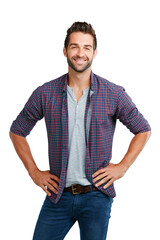 Casual, handsome and portrait of a man with a trendy, fashion or stylish outfit with confidence. Happy, young and attractive male model posing with cool style isolated by a transparent png background