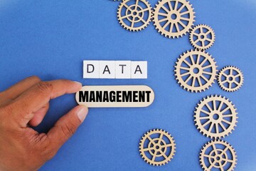 wooden gear teeth with the word DATA MANAGEMENT. data collection concept. tech concept