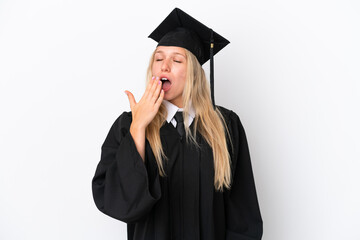 Young university graduate caucasian woman isolated on white background yawning and covering wide open mouth with hand