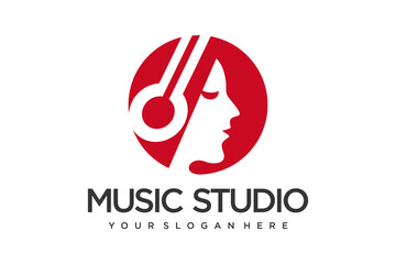 simple women Music logo design vector illustration.combination women and headphone