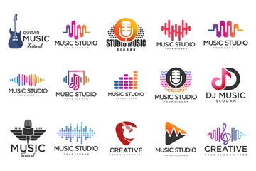 Music icons set.vector logos with musical notes and audio wave .music festival.Vector Illustration.