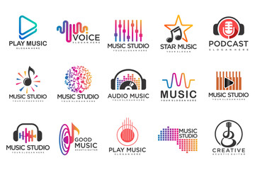 Music icons set.vector logos with musical notes and audio wave .music festival.Vector Illustration.