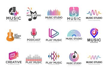 Music icons set.vector logos with musical notes and audio wave .music festival.Vector Illustration.