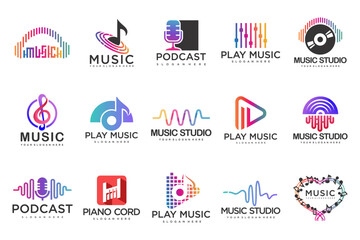 Music icons set.vector logos with musical notes and audio wave .music festival.Vector Illustration.