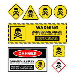 Vector sets of the dangerous signs with skull and bone illustrations, warning stickers, danger stickers, and variations of yellow signs such as triangles, squares, octagons, and circle