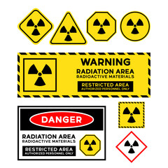 Vector sets of radioactive materials signs illustration, warning stickers, danger stickers, and variations of yellow signs such as triangles, squares, octagons, and circle