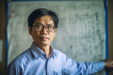 Close-up of an Asian teacher wearing glasses and writing on a whiteboard, asian teacher, school, natural light, affinity, bright background Generative AI