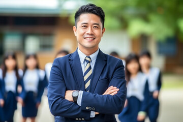 Fototapeta premium Portrait of an Asian teacher with students in the background, asian teacher, school, natural light, affinity, bright background Generative AI