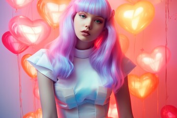 A woman with pink blue blonde hair wearing a dress and balloons. Futuristic setup, transparent plastic dress, shiny makeup, hologram iridescent glowing face lips and eyes. Valentine hearts love.