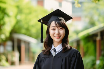 Confident female Asian teacher holding a graduation cap, asian teacher, school, natural light, affinity, bright background Generative AI