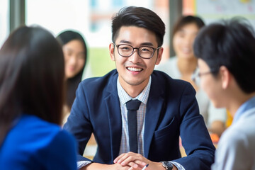 Portrait of an Asian teacher with a group of students engaged in a discussion, asian teacher, school, natural light, affinity, bright background Generative AI