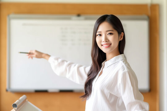 Confident female Asian teacher pointing towards a whiteboard, asian teacher, school, natural light, affinity, bright background Generative AI