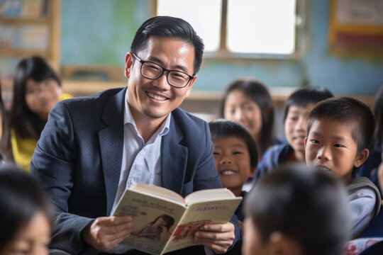 Portrait Of An Asian Teacher Reading A Storybook To A Group Of Students, Asian Teacher, School, Natural Light, Affinity, Bright Background Generative AI