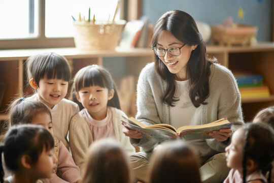 Portrait Of An Asian Teacher Reading A Storybook To A Group Of Students, Asian Teacher, School, Natural Light, Affinity, Bright Background Generative AI