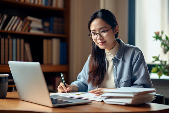 Asian teacher sitting at a desk with a laptop and grading papers, asian teacher, school, natural light, affinity, bright background Generative AI