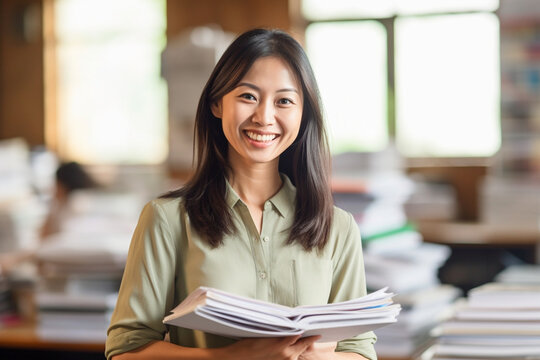 Smiling teacher holding a stack of papers and organizing classroom materials, asian teacher, school, natural light, affinity, bright background Generative AI