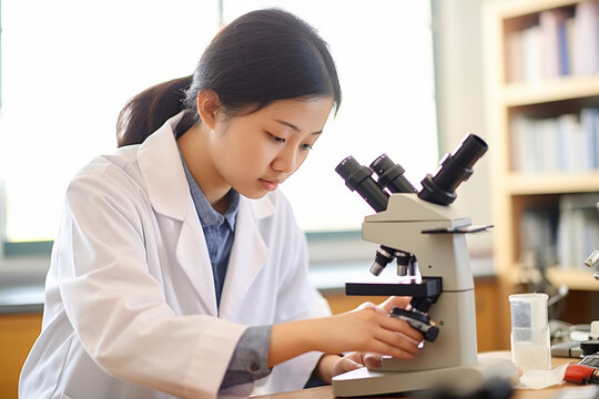Asian teacher using a microscope and conducting a science experiment, asian teacher, school, natural light, affinity, bright background Generative AI