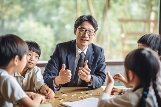 Portrait of an Asian teacher with a group of students engaged in a discussion, asian teacher, school, natural light, affinity, bright background Generative AI