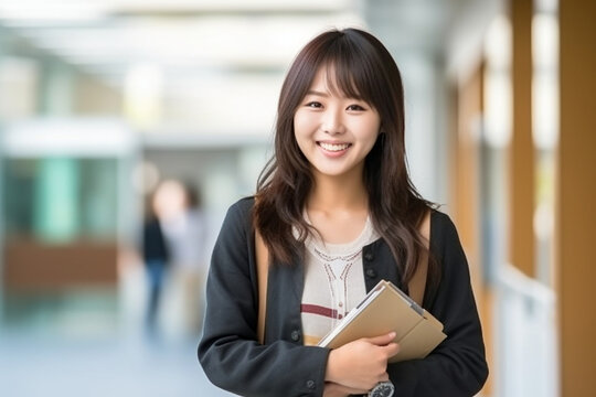 Smiling Asian teacher holding a book, asian teacher, school, natural light, affinity, bright background Generative AI