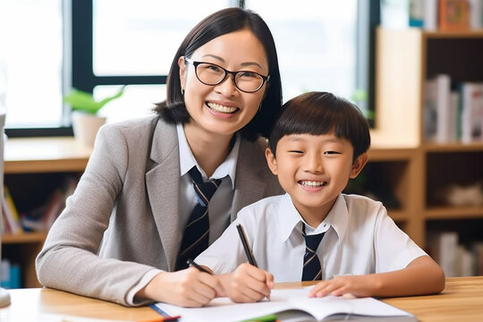 Smiling Asian teacher sitting at a desk and helping a student with homework, asian teacher, school, natural light, affinity, bright background Generative AI